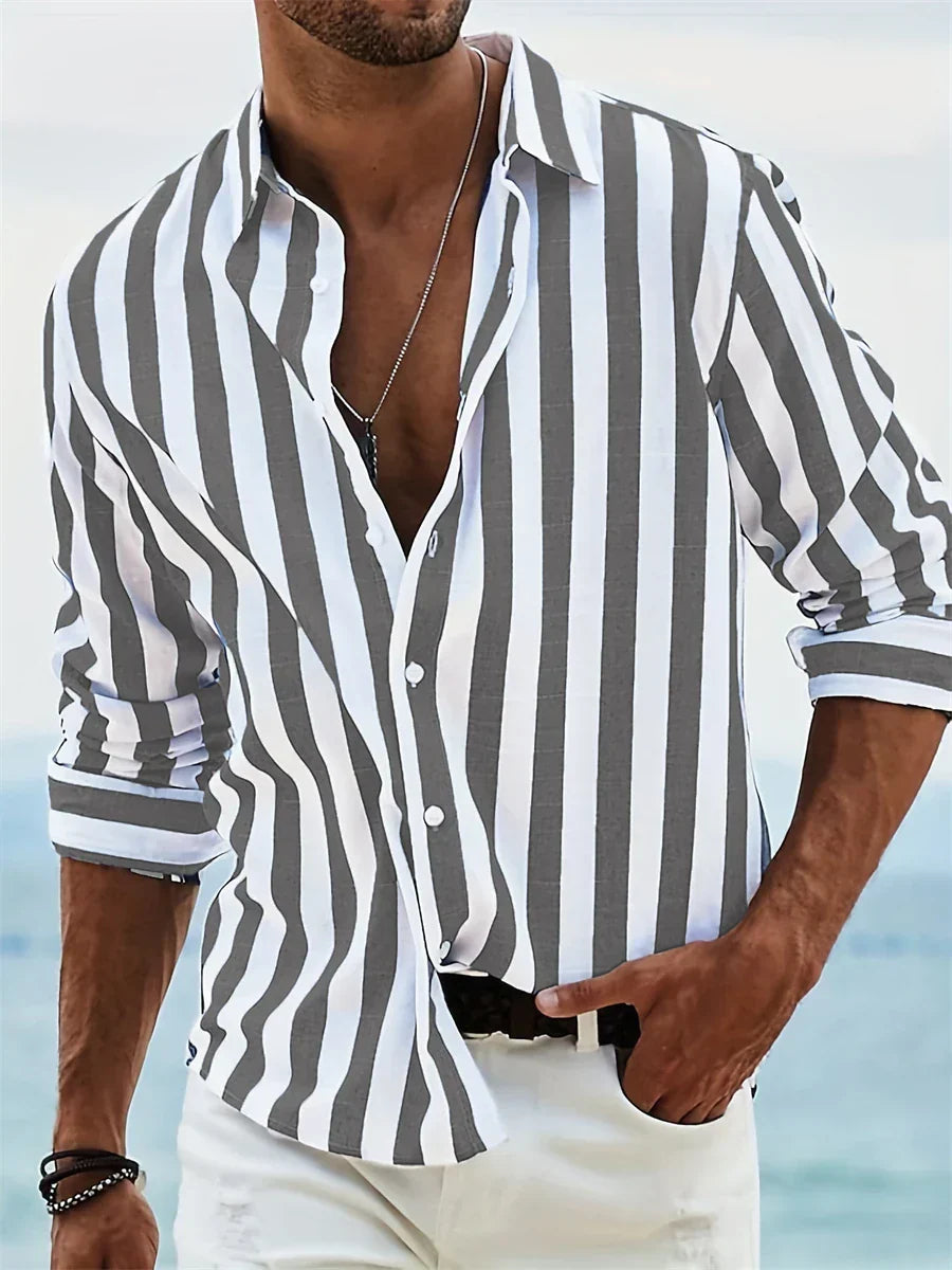 Oliver Men's Cotton Linen Shirt – Blue & White Striped Long Sleeve Summer Shirt
