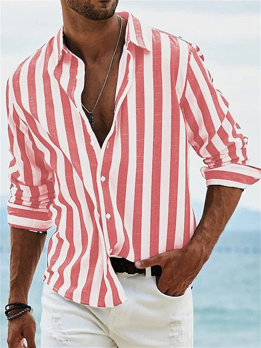 Oliver Men's Cotton Linen Shirt – Blue & White Striped Long Sleeve Summer Shirt