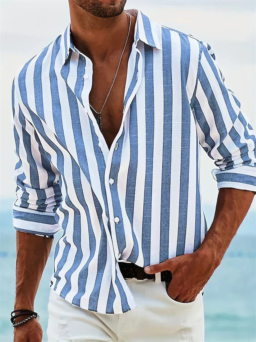 Oliver Cotton Linen Shirt – Blue & White Striped Long Sleeve Summer Shirt