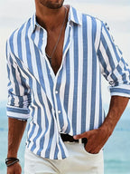 Oliver Cotton Linen Shirt – Blue & White Striped Long Sleeve Summer Shirt
