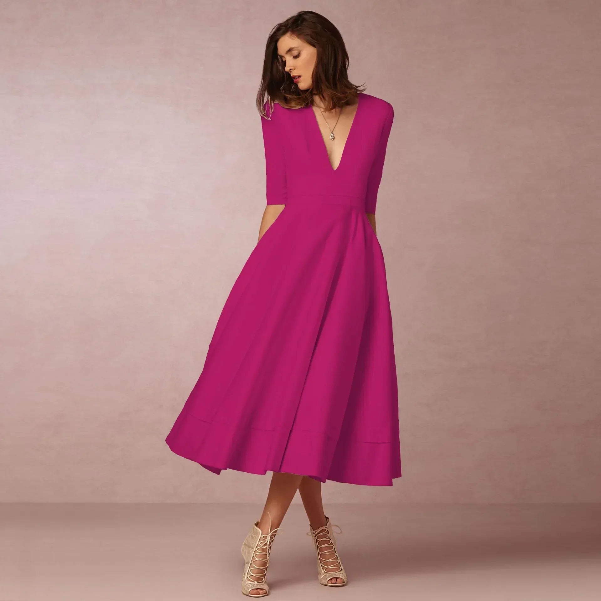 Rosalind Women's Cotton Midi Dress – Fitted Round Neck Elegant Summer Dress