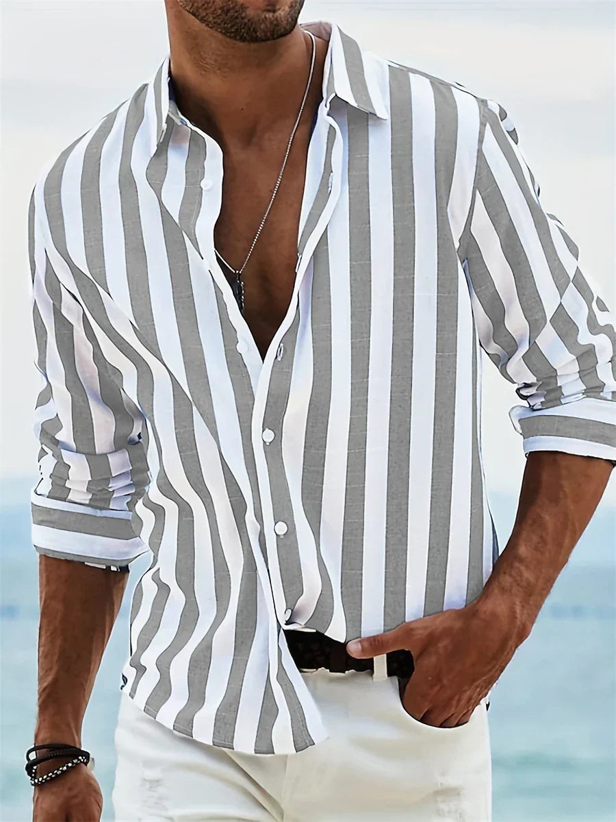 Oliver Men's Cotton Linen Shirt – Blue & White Striped Long Sleeve Summer Shirt