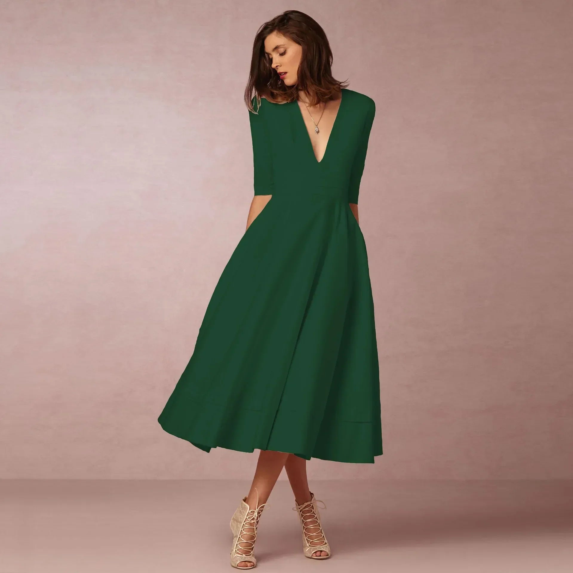 Rosalind Women's Cotton Midi Dress – Fitted Round Neck Elegant Summer Dress