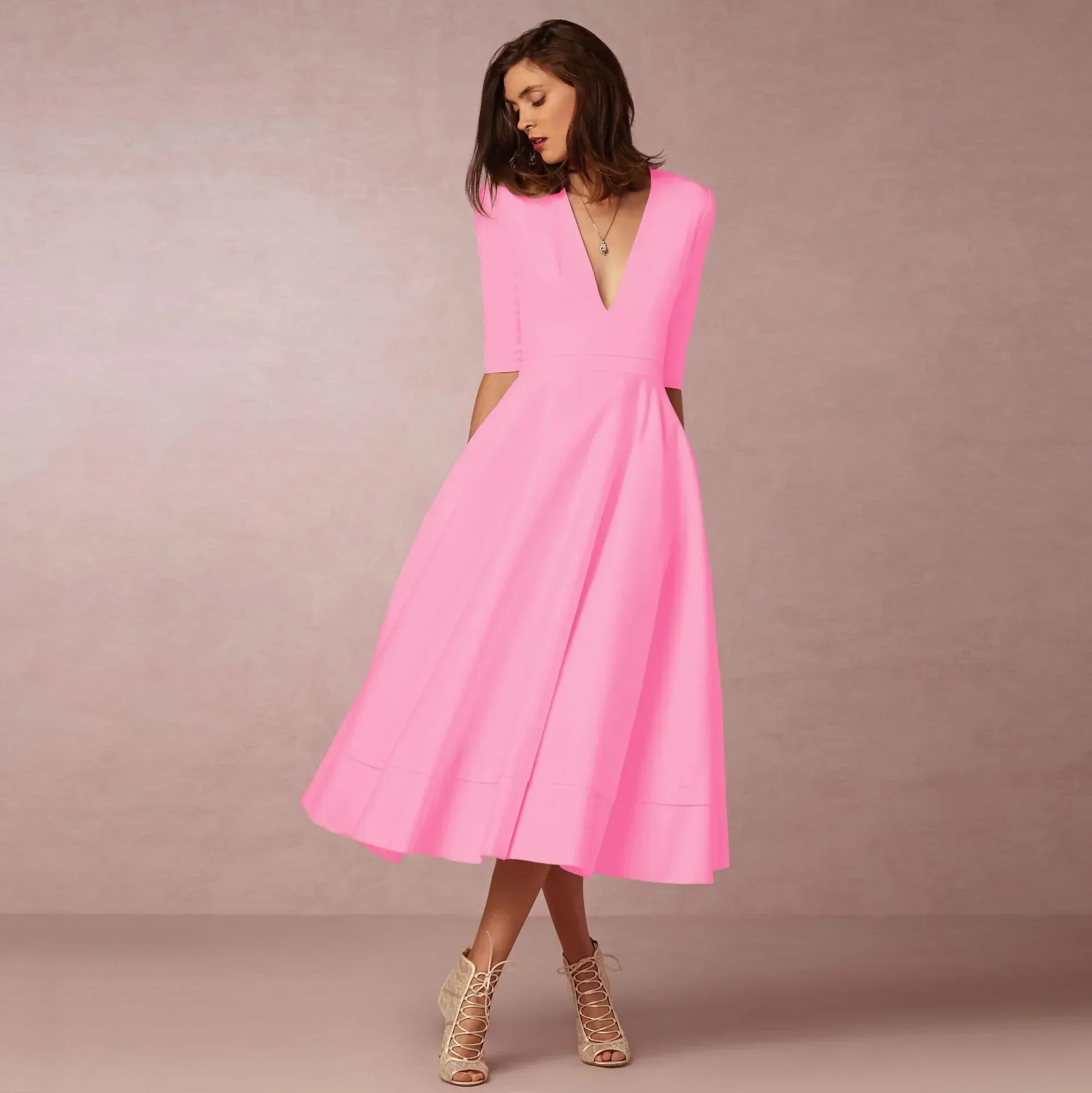 Rosalind Women's Cotton Midi Dress – Fitted Round Neck Elegant Summer Dress
