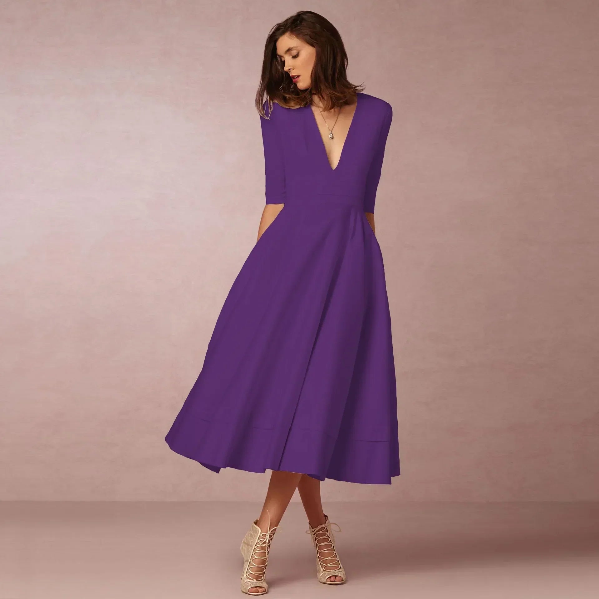 Rosalind Women's Cotton Midi Dress – Fitted Round Neck Elegant Summer Dress