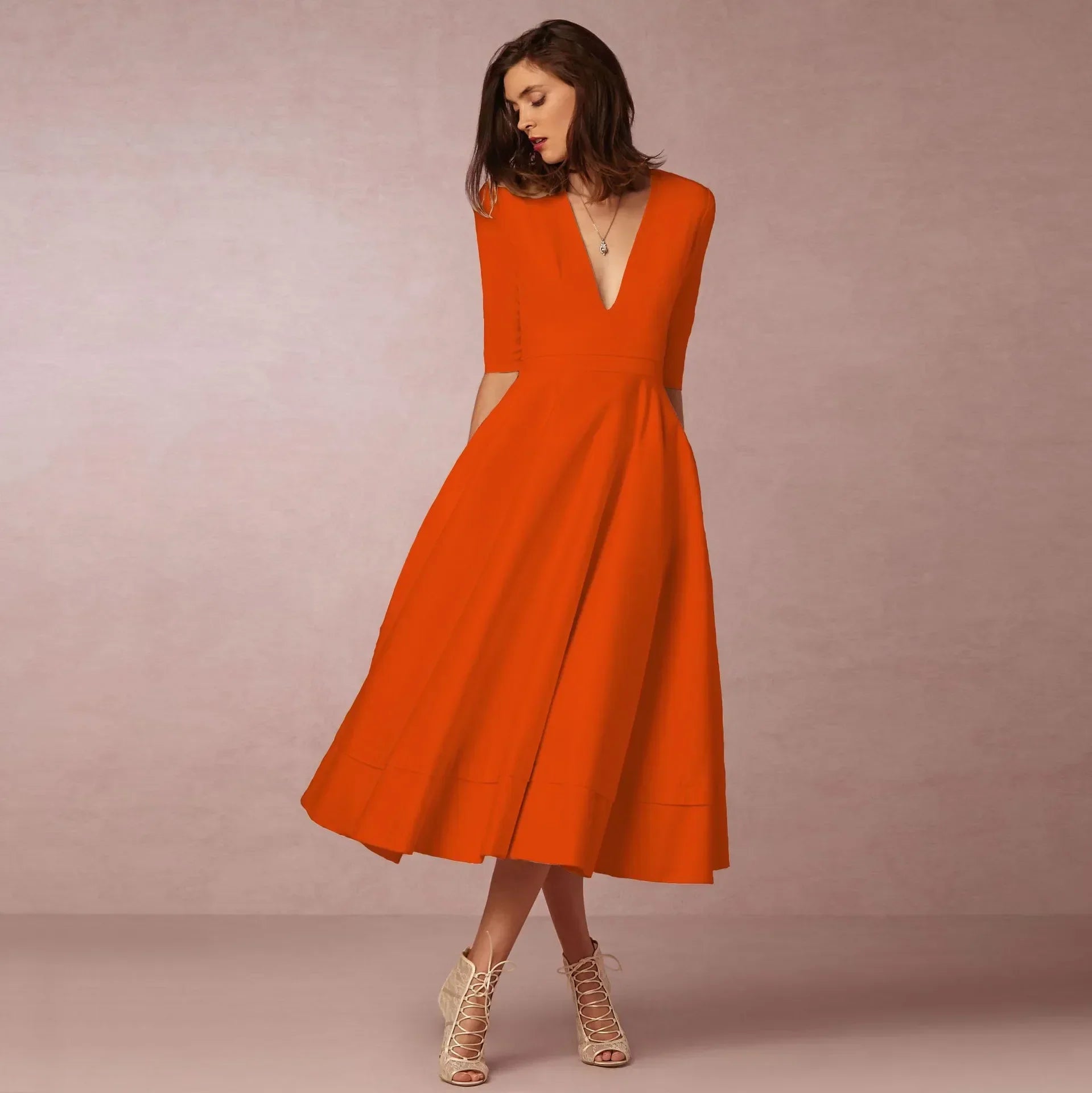 Rosalind Women's Cotton Midi Dress – Fitted Round Neck Elegant Summer Dress
