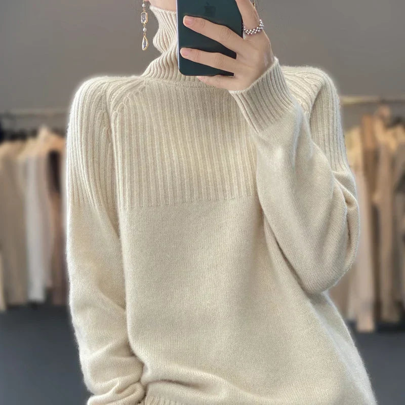 Aveline Women's Roll-Neck Jumper – Soft Ribbed Knit with Relaxed Hip-Length Fit