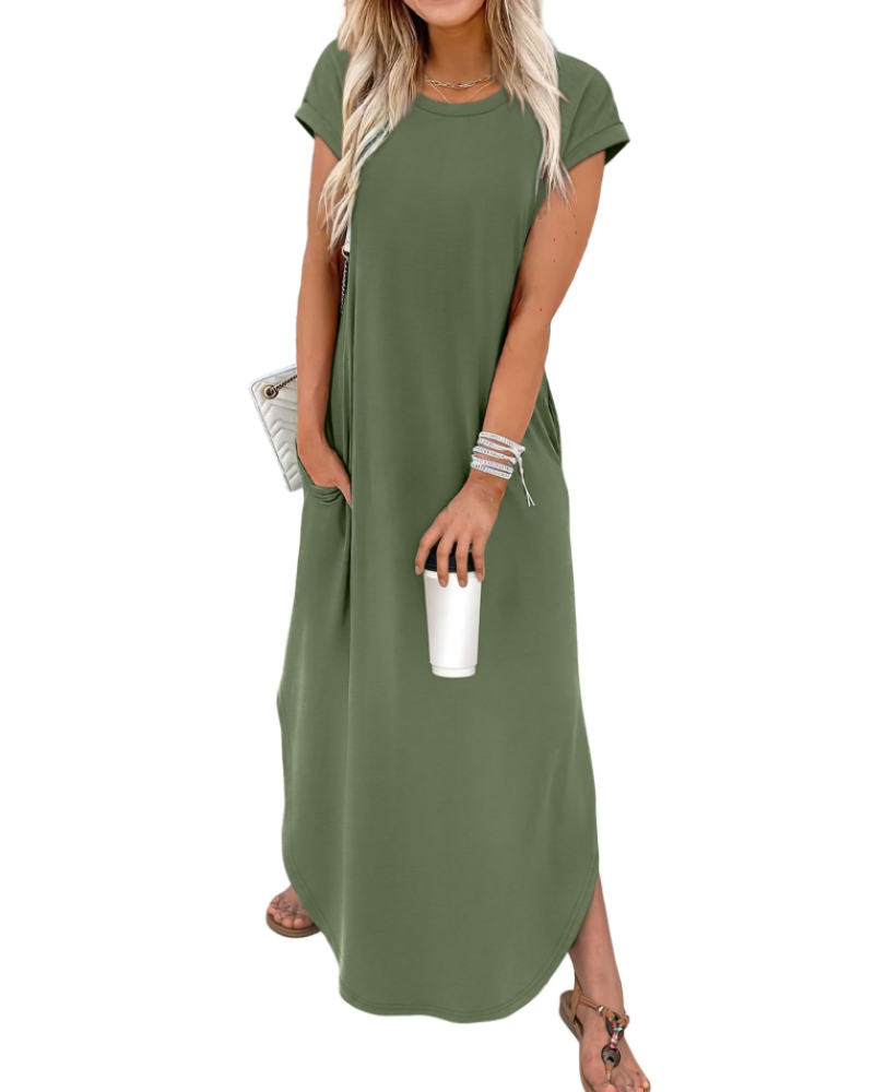 Elen Women's Maxi Dress – Crew Neck Cap Sleeve Casual Floral Summer Dress
