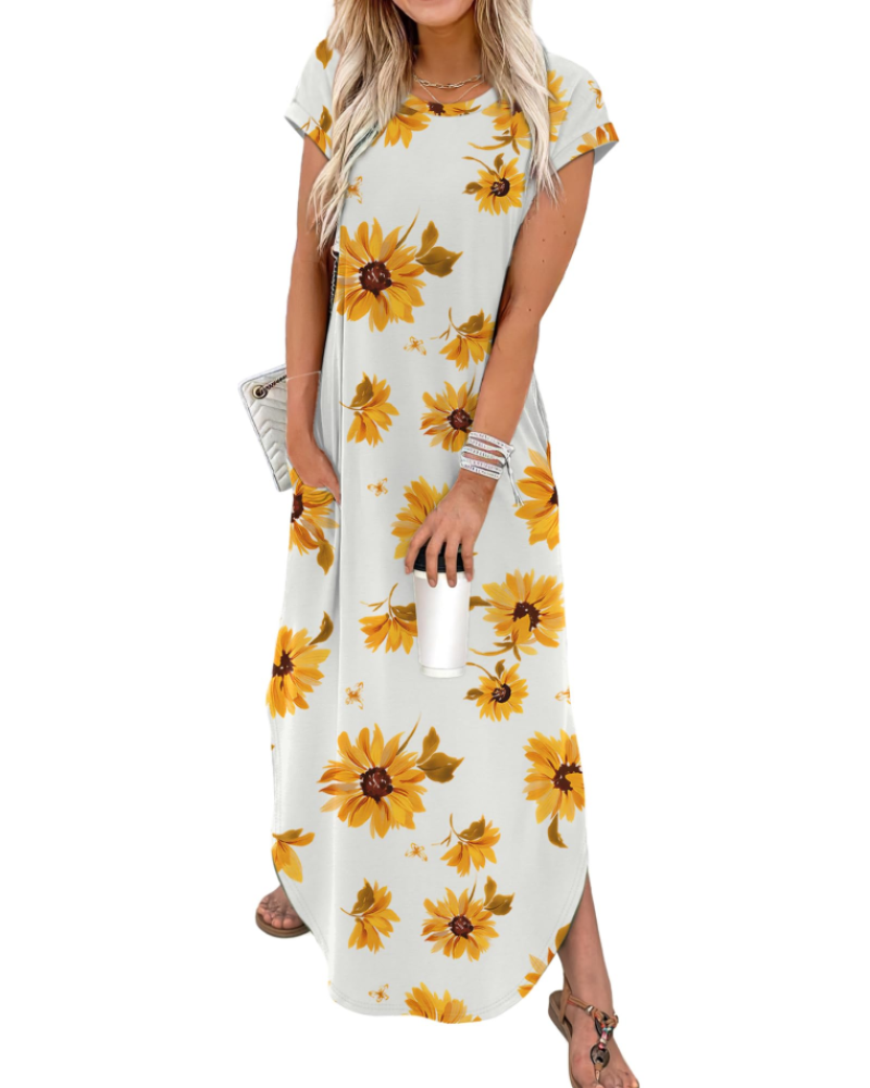 Elen Women's Maxi Dress – Crew Neck Cap Sleeve Casual Floral Summer Dress