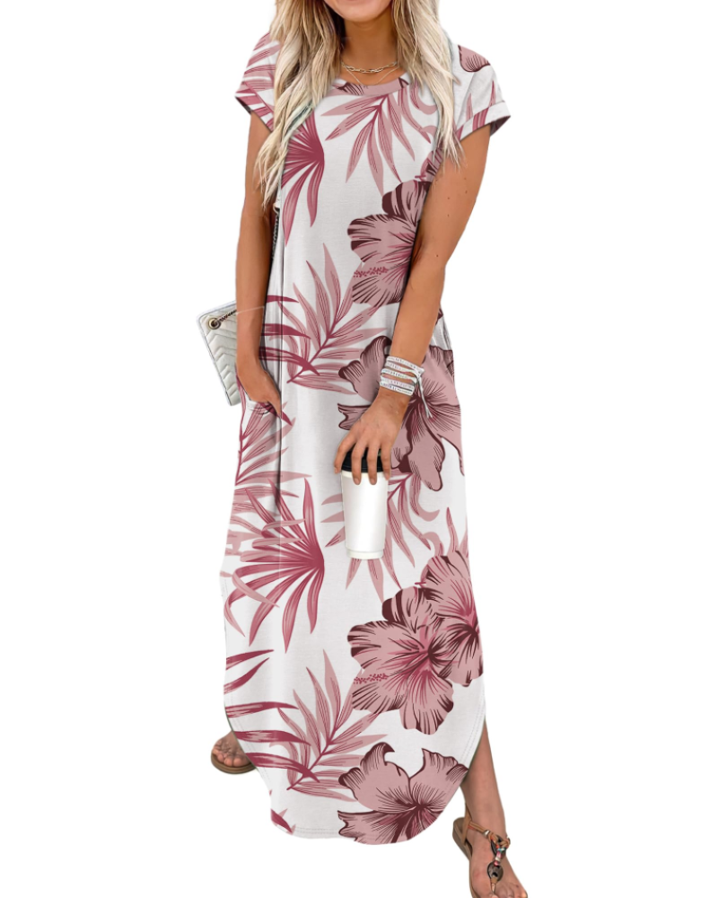 Elen Women's Maxi Dress – Crew Neck Cap Sleeve Casual Floral Summer Dress