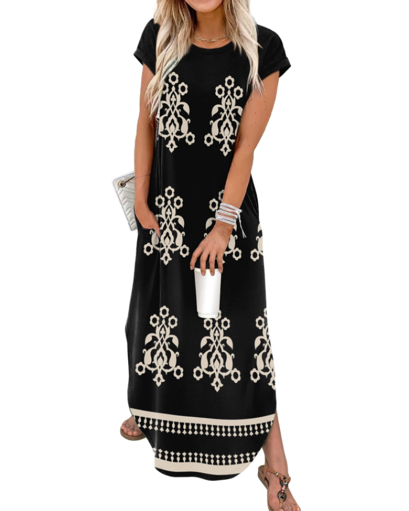 Elen Women's Maxi Dress – Crew Neck Cap Sleeve Casual Floral Summer Dress