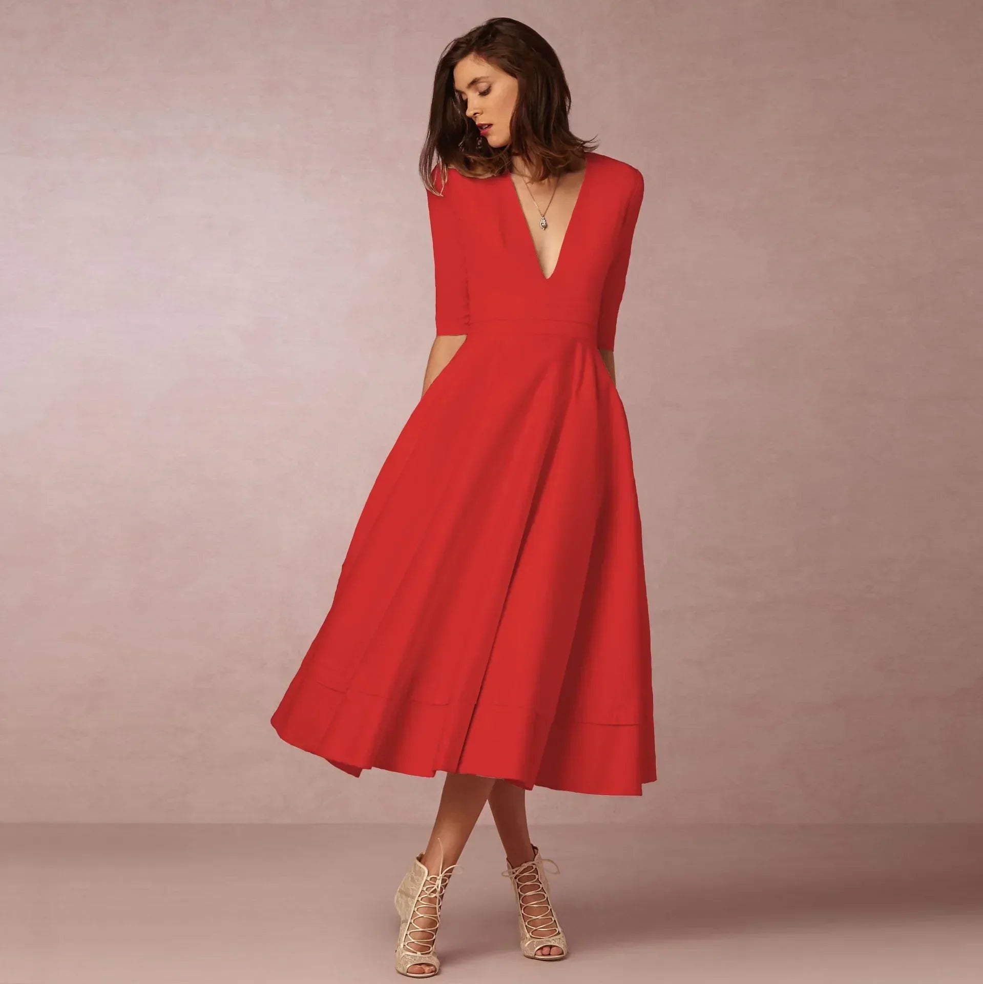 Rosalind Women's Cotton Midi Dress – Fitted Round Neck Elegant Summer Dress