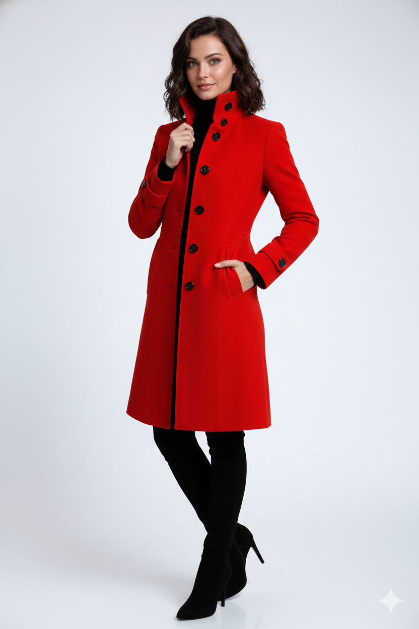 Claire Women's Trench Coat – Belted High Neck Elegant Winter Overcoat