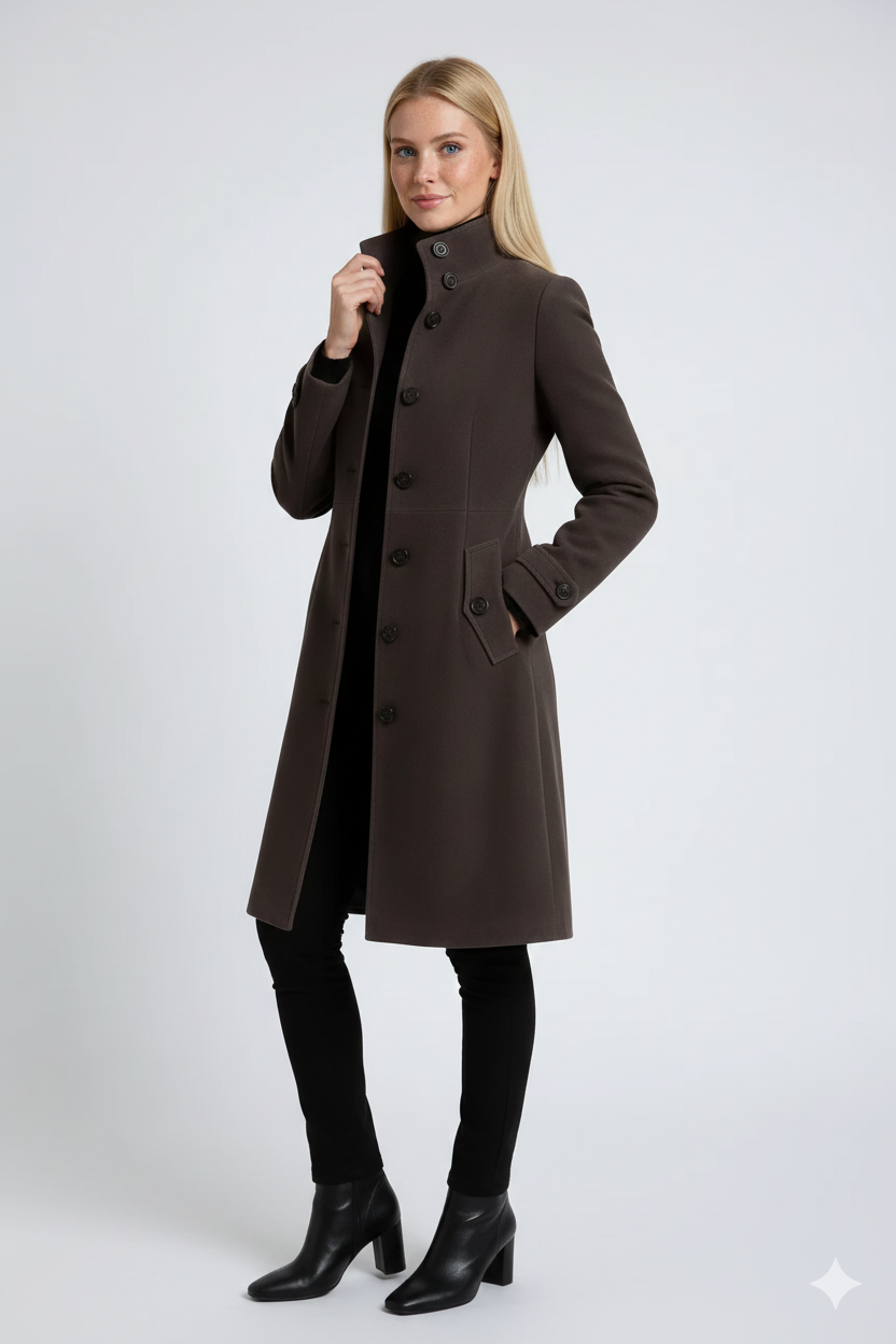 Claire Women's Trench Coat – Belted High Neck Elegant Winter Overcoat