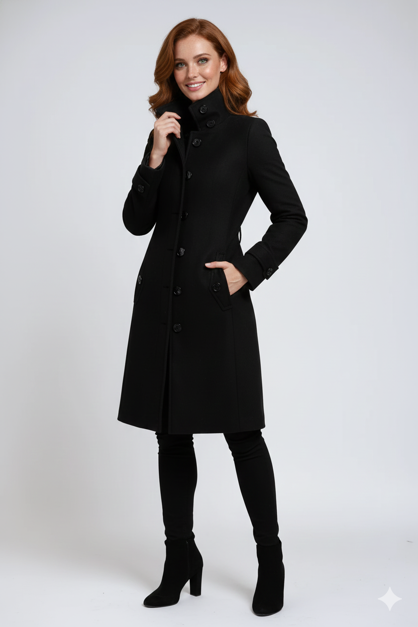 Claire Women's Trench Coat – Belted High Neck Elegant Winter Overcoat