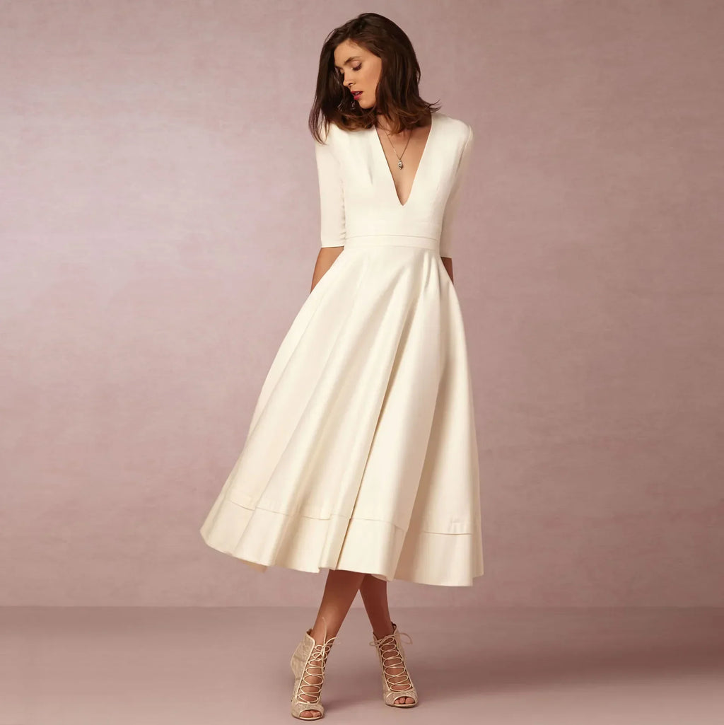Rosalind Cotton Midi Dress – Fitted Round Neck Elegant Summer Dress