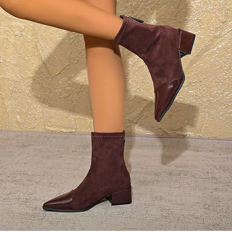 Penelope Women's Suede Ankle Boots – Patent Toe Block Heel Smart Casual Boots