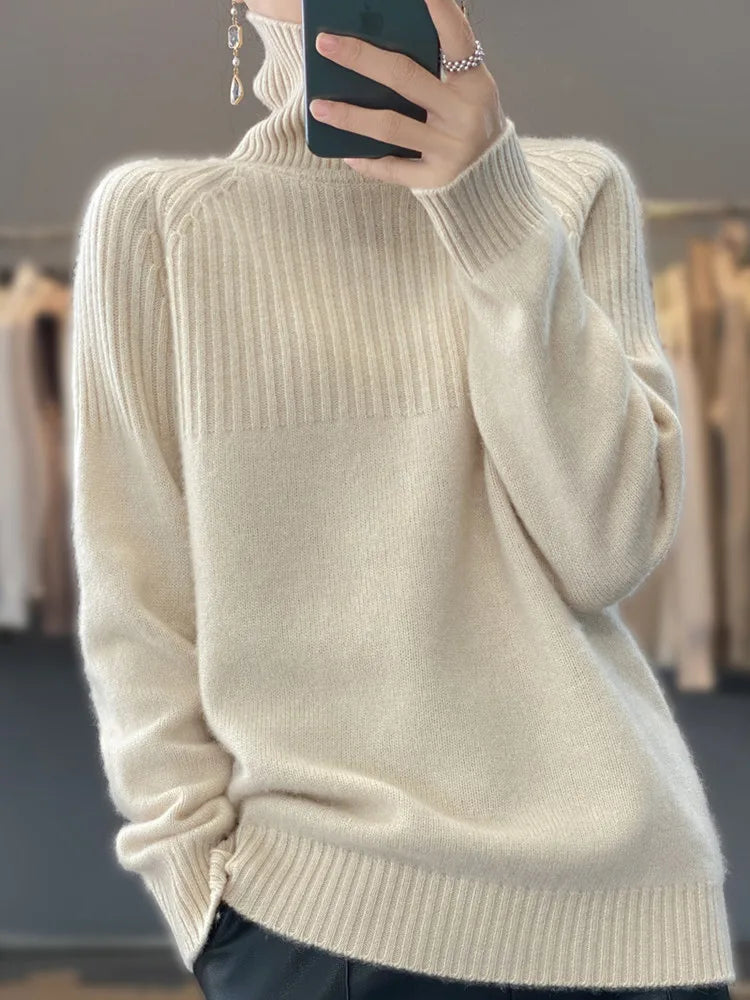 Aveline Women's Roll-Neck Jumper – Soft Ribbed Knit with Relaxed Hip-Length Fit