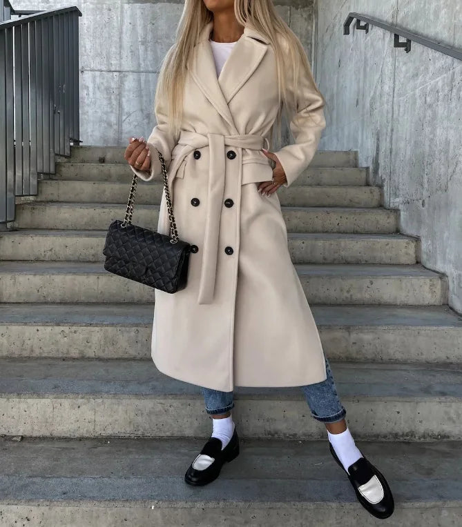 Briony Women's Long Trench Coat – Double Breasted Belted Winter Overcoat