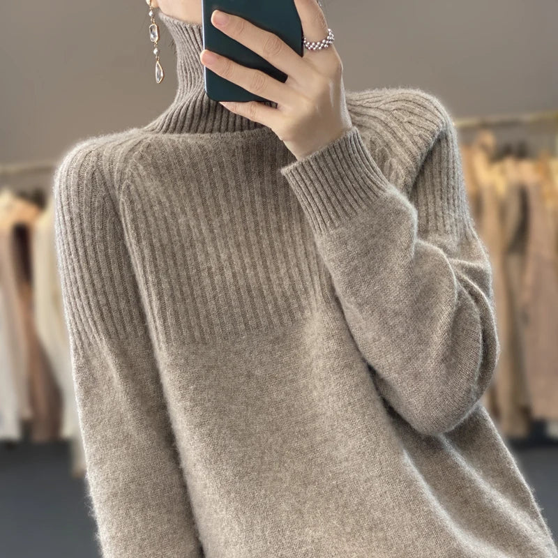 Aveline Women's Roll-Neck Jumper – Soft Ribbed Knit with Relaxed Hip-Length Fit