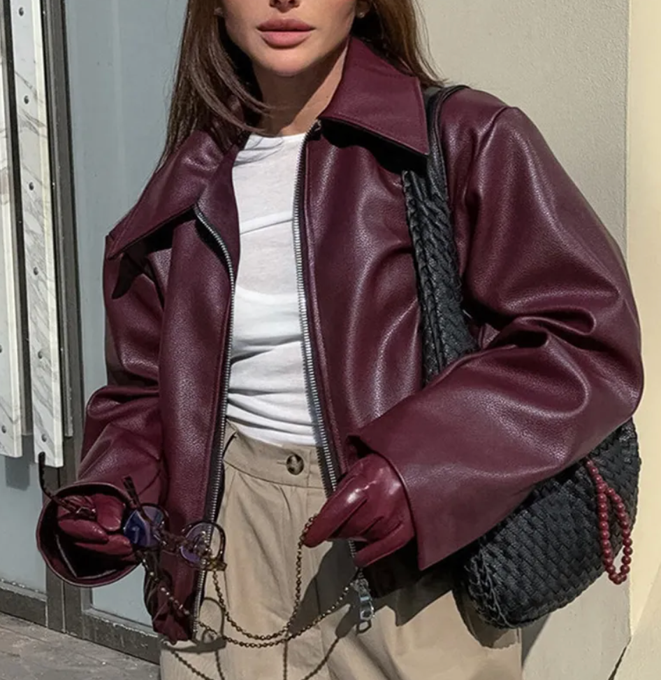 Averity Women's Faux Leather Bomber Jacket – Relaxed Oversized Fit & Ribbed Cuffs