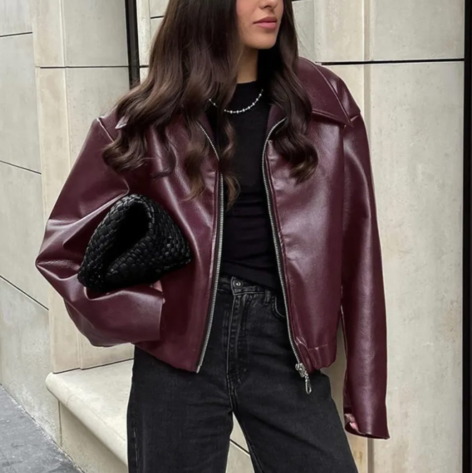 Averity Women's Faux Leather Bomber Jacket – Relaxed Oversized Fit & Ribbed Cuffs