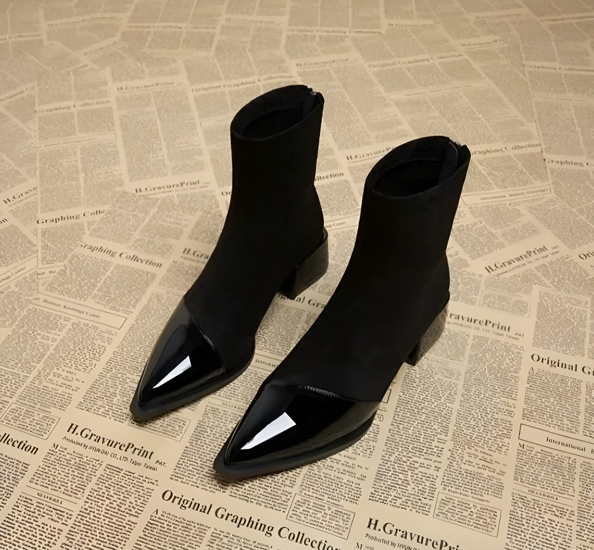 Penelope Women's Suede Ankle Boots – Patent Toe Block Heel Smart Casual Boots