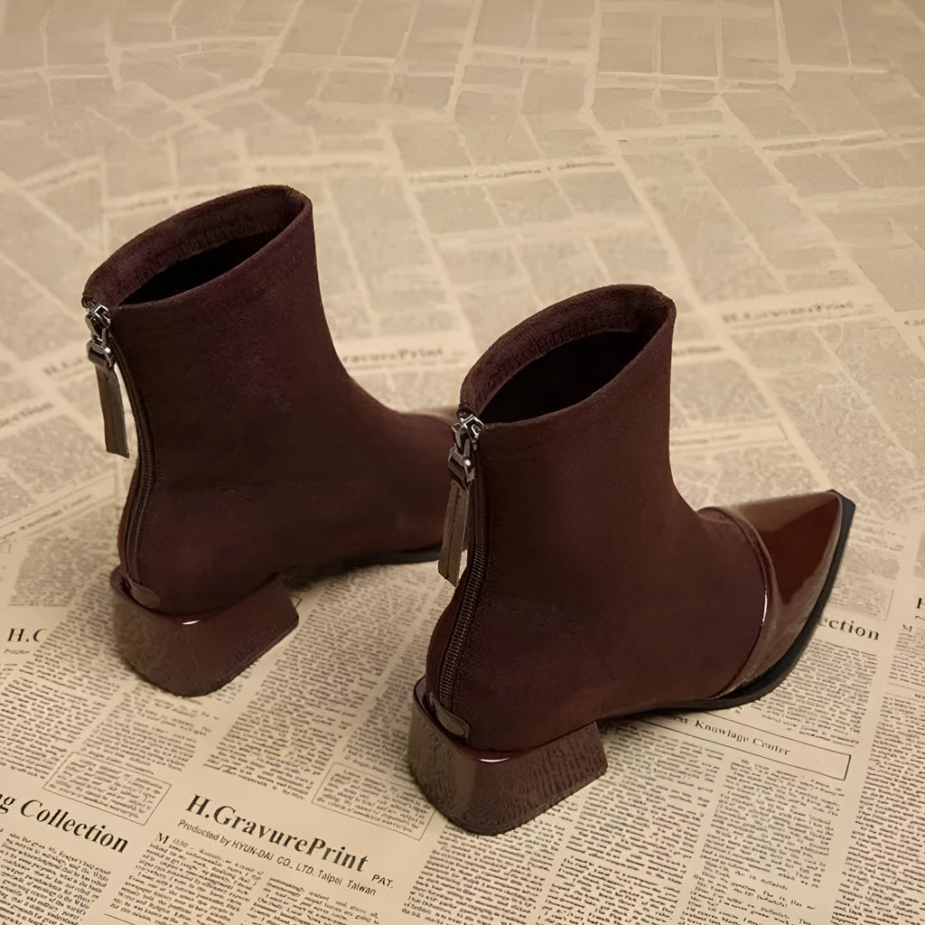 Penelope Women's Suede Ankle Boots – Patent Toe Block Heel Smart Casual Boots