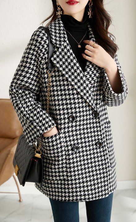 Fiona Women's Checked Jacket – Oversized Double Breasted Smart Casual Blazer Coat