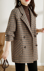 Fiona Women's Checked Jacket – Oversized Double Breasted Smart Casual Blazer Coat