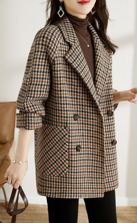 Fiona Women's Checked Jacket – Oversized Double Breasted Smart Casual Blazer Coat