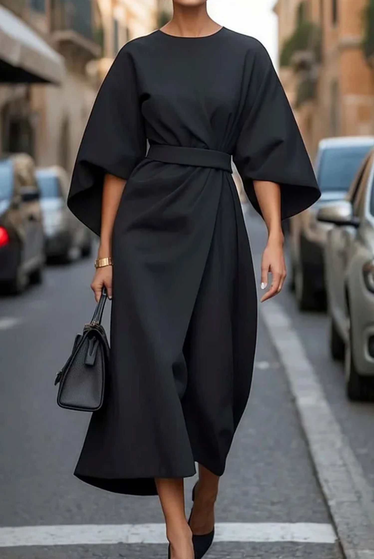 Arabella Women's Elegant Dress – Puff Sleeve Adjustable Waist Midi Dress