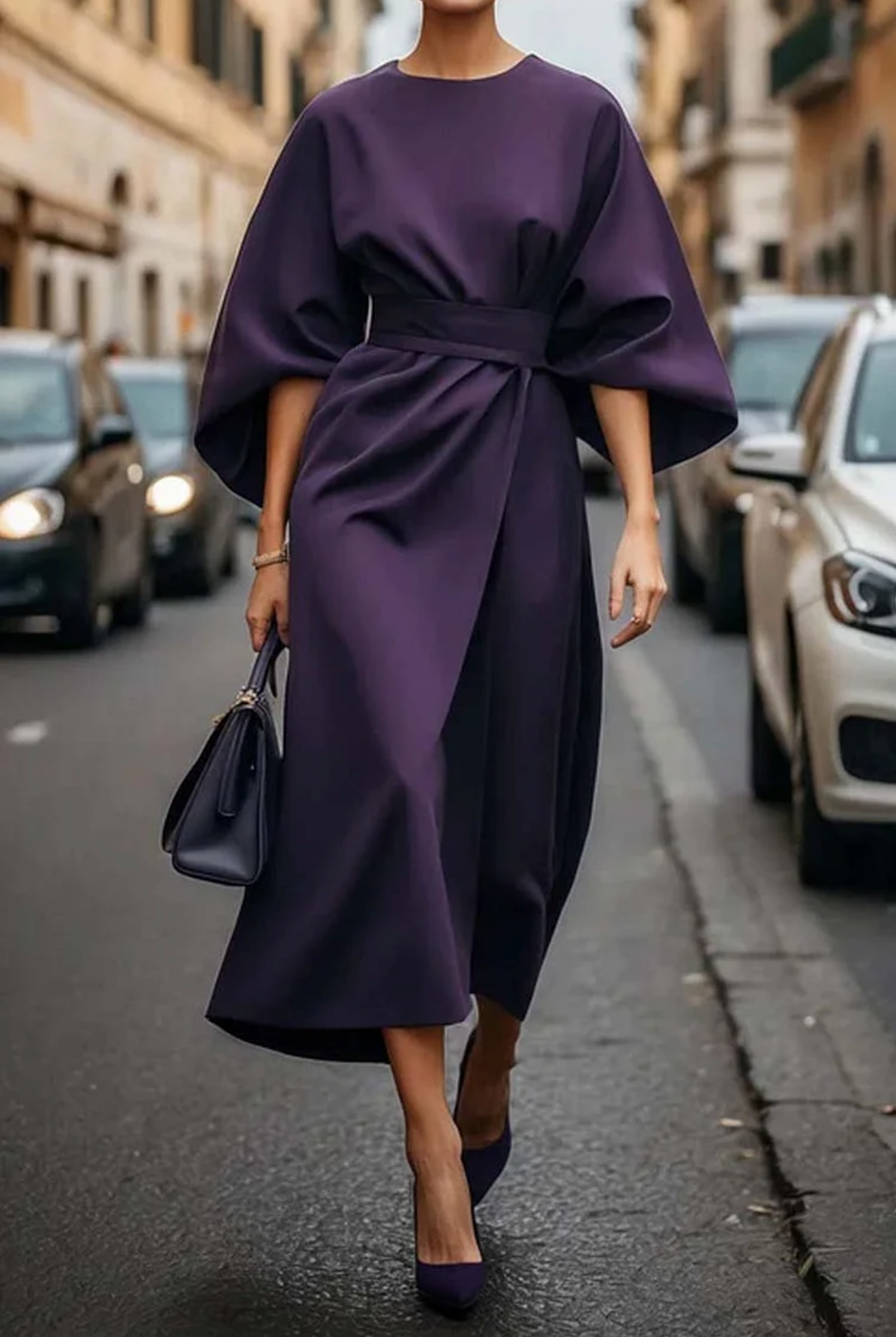 Arabella Women's Elegant Dress – Puff Sleeve Adjustable Waist Midi Dress