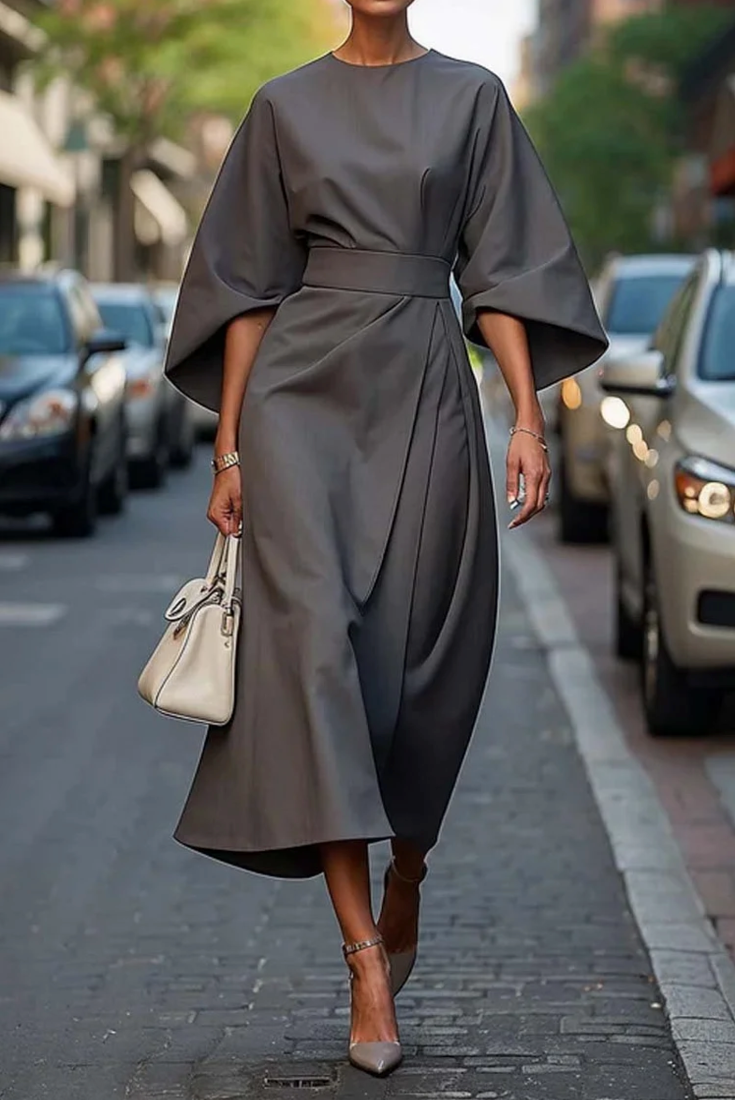 Arabella Women's Elegant Dress – Puff Sleeve Adjustable Waist Midi Dress