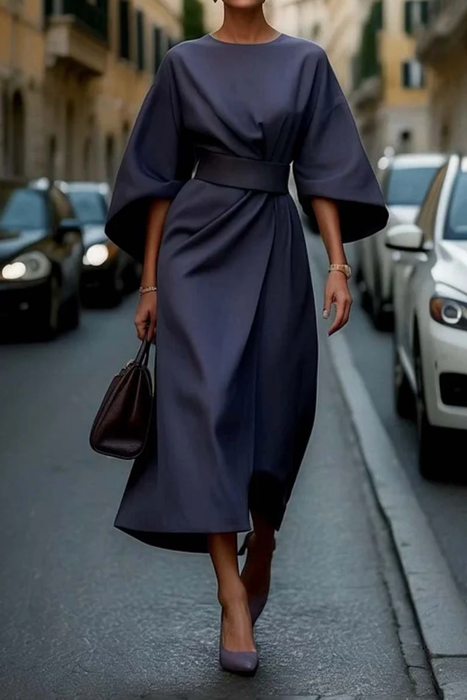 Arabella Women's Elegant Dress – Puff Sleeve Adjustable Waist Midi Dress