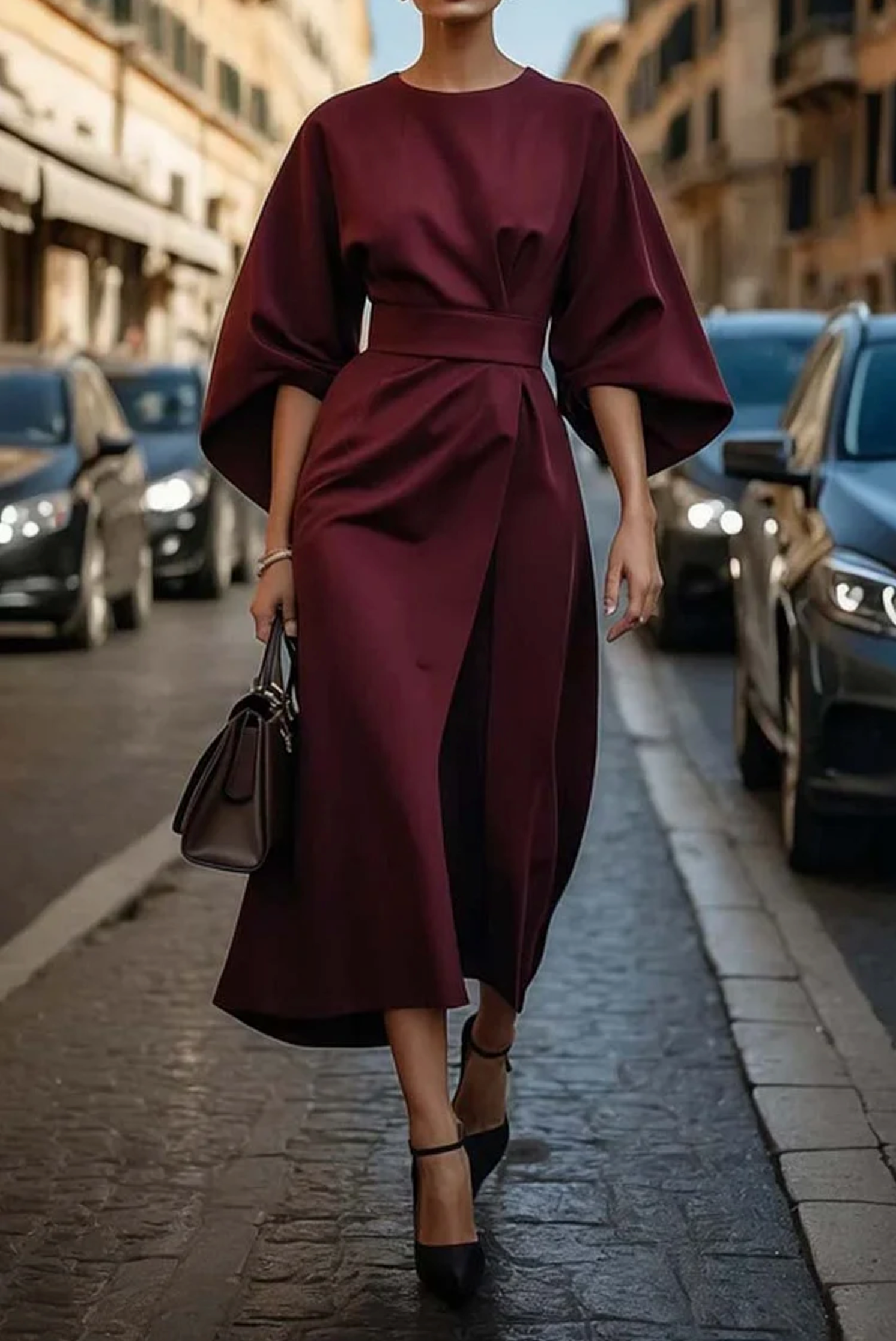 Arabella Women's Elegant Dress – Puff Sleeve Adjustable Waist Midi Dress