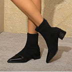 Penelope Women's Suede Ankle Boots – Patent Toe Block Heel Smart Casual Boots