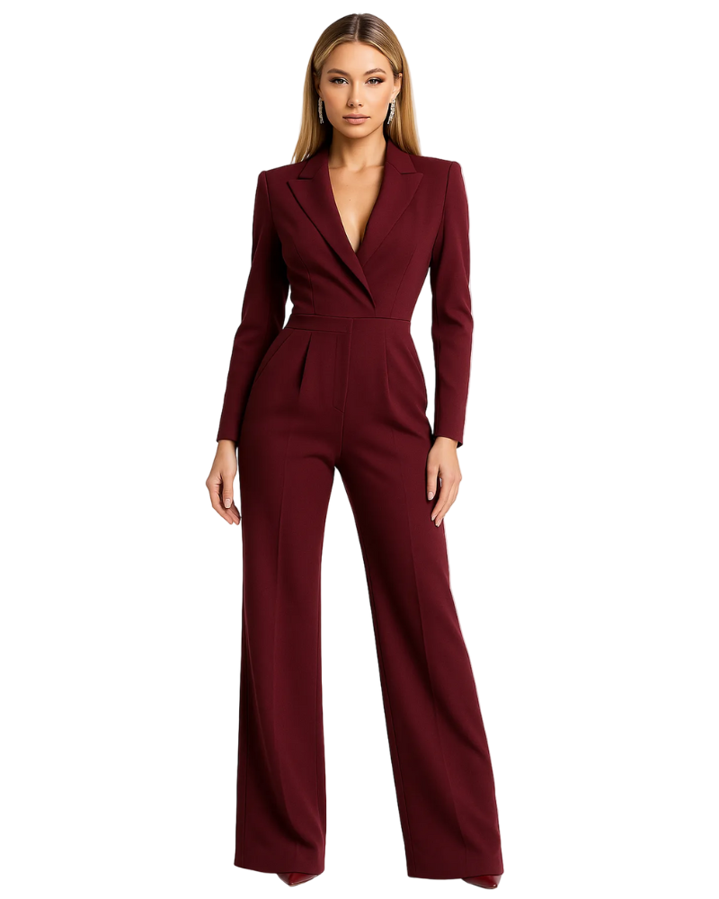 Nerissa Women's Blazer Jumpsuit – Deep V-Neck, Wide Legs & Tailored Fit