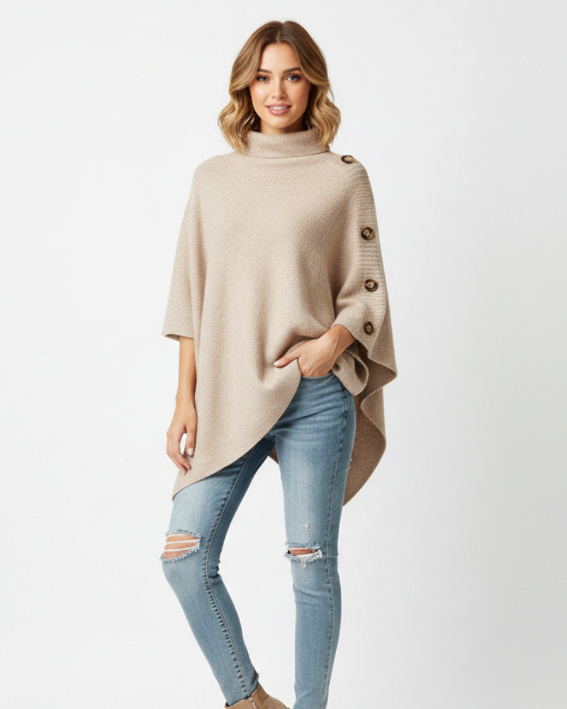 Maeve Women's Knitted Wool Poncho – Oversized High Neck Asymmetric Winter Cape