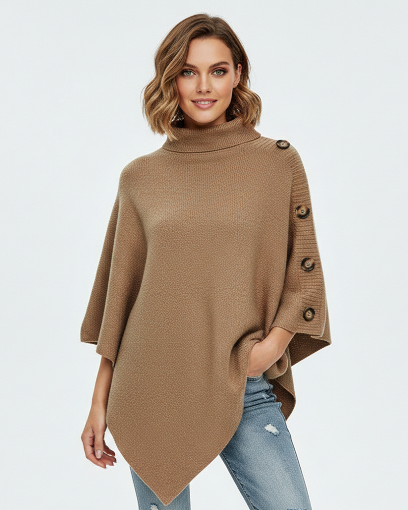 Maeve Women's Knitted Wool Poncho – Oversized High Neck Asymmetric Winter Cape