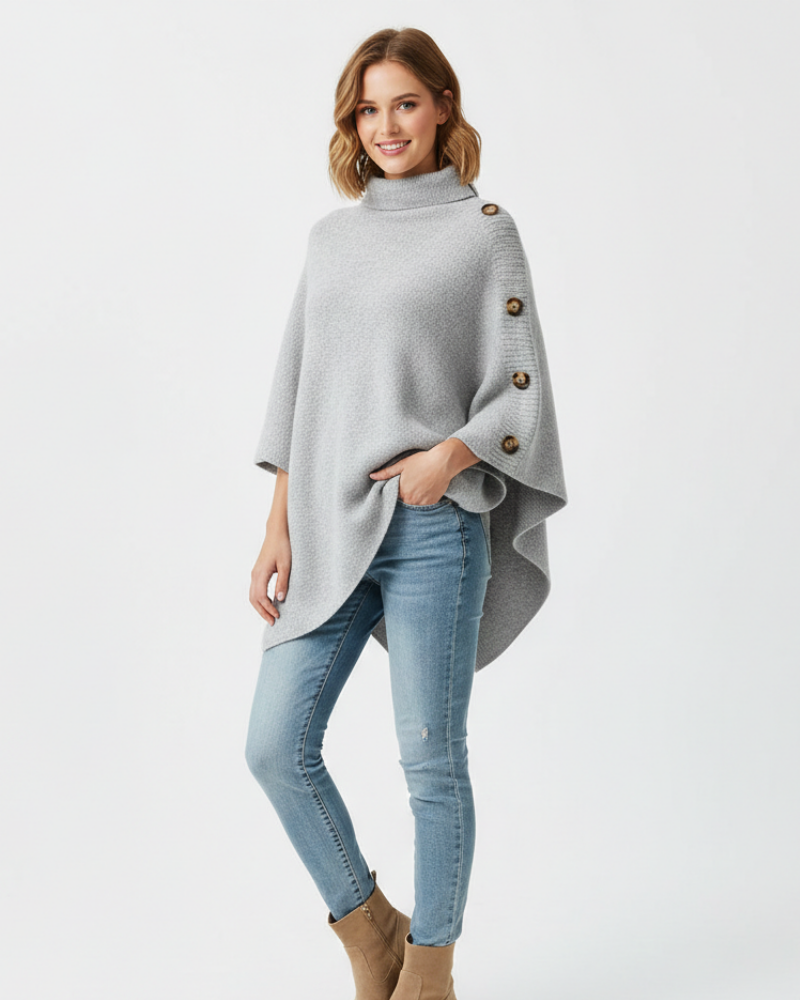 Maeve Women's Knitted Wool Poncho – Oversized High Neck Asymmetric Winter Cape