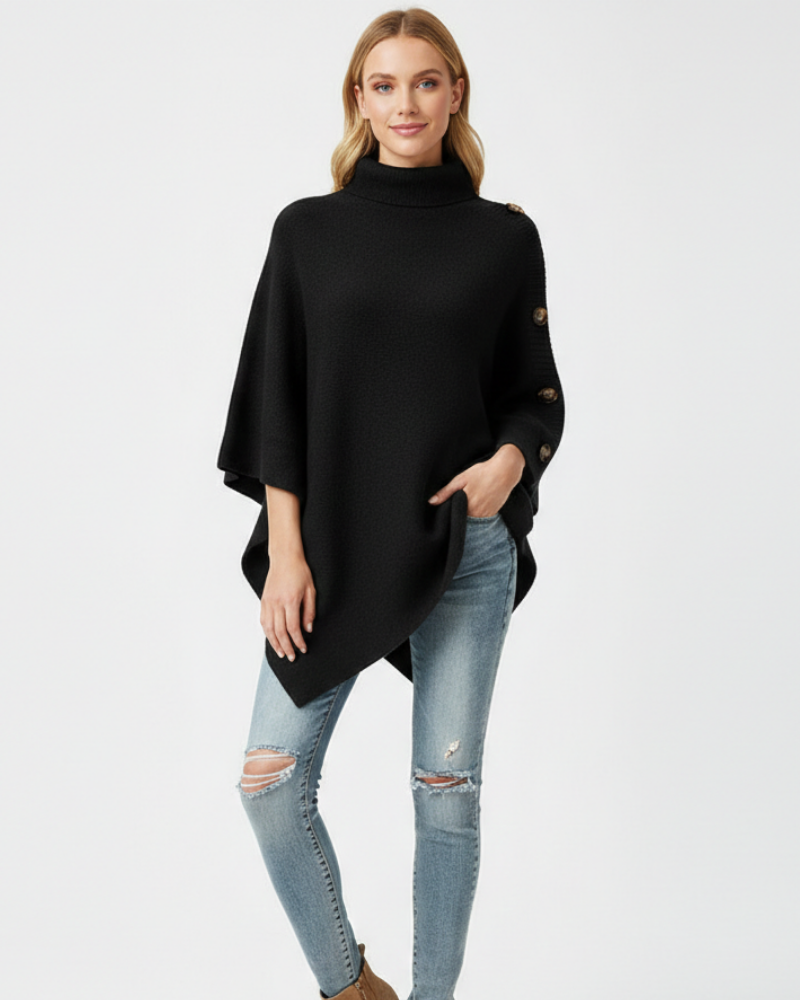 Maeve Women's Knitted Wool Poncho – Oversized High Neck Asymmetric Winter Cape