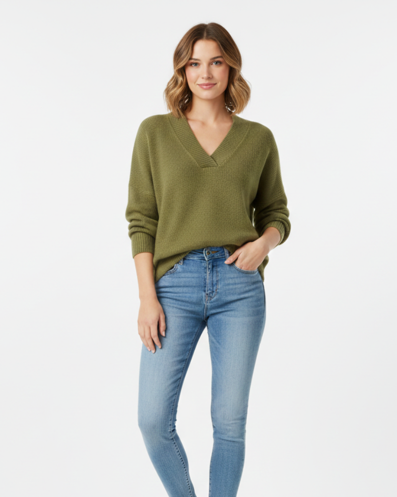 Cordelia Women's V-Neck Jumper – Soft Cotton Blend, Relaxed Fit & Long Sleeves