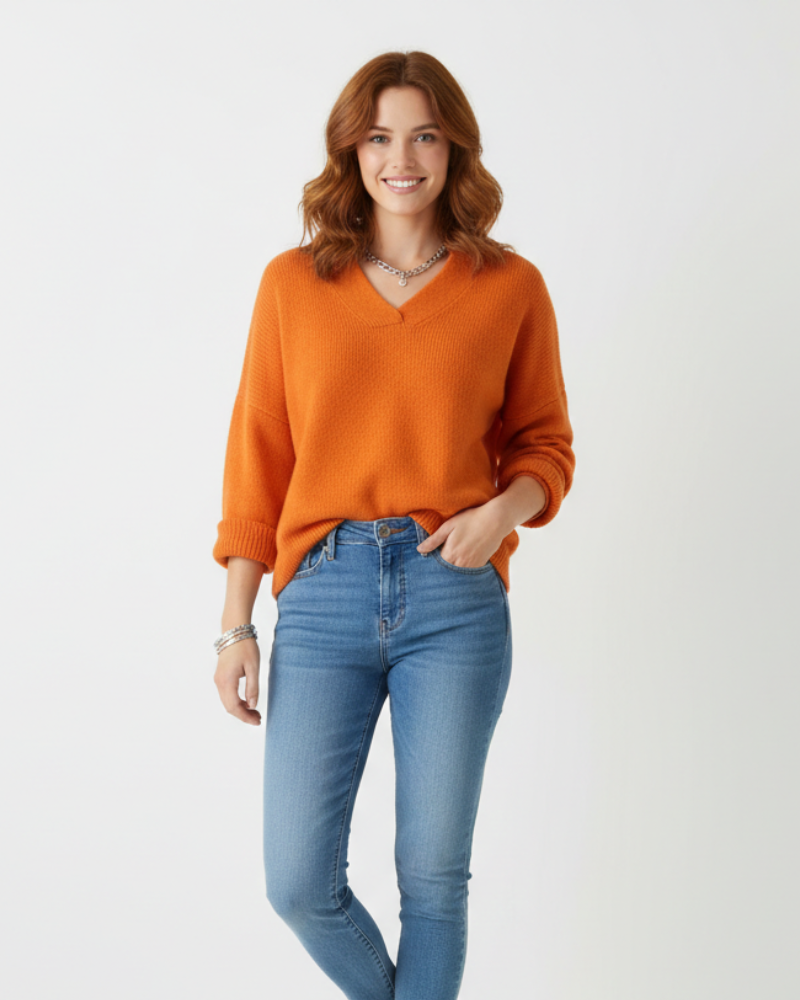 Cordelia Women's V-Neck Jumper – Soft Cotton Blend, Relaxed Fit & Long Sleeves