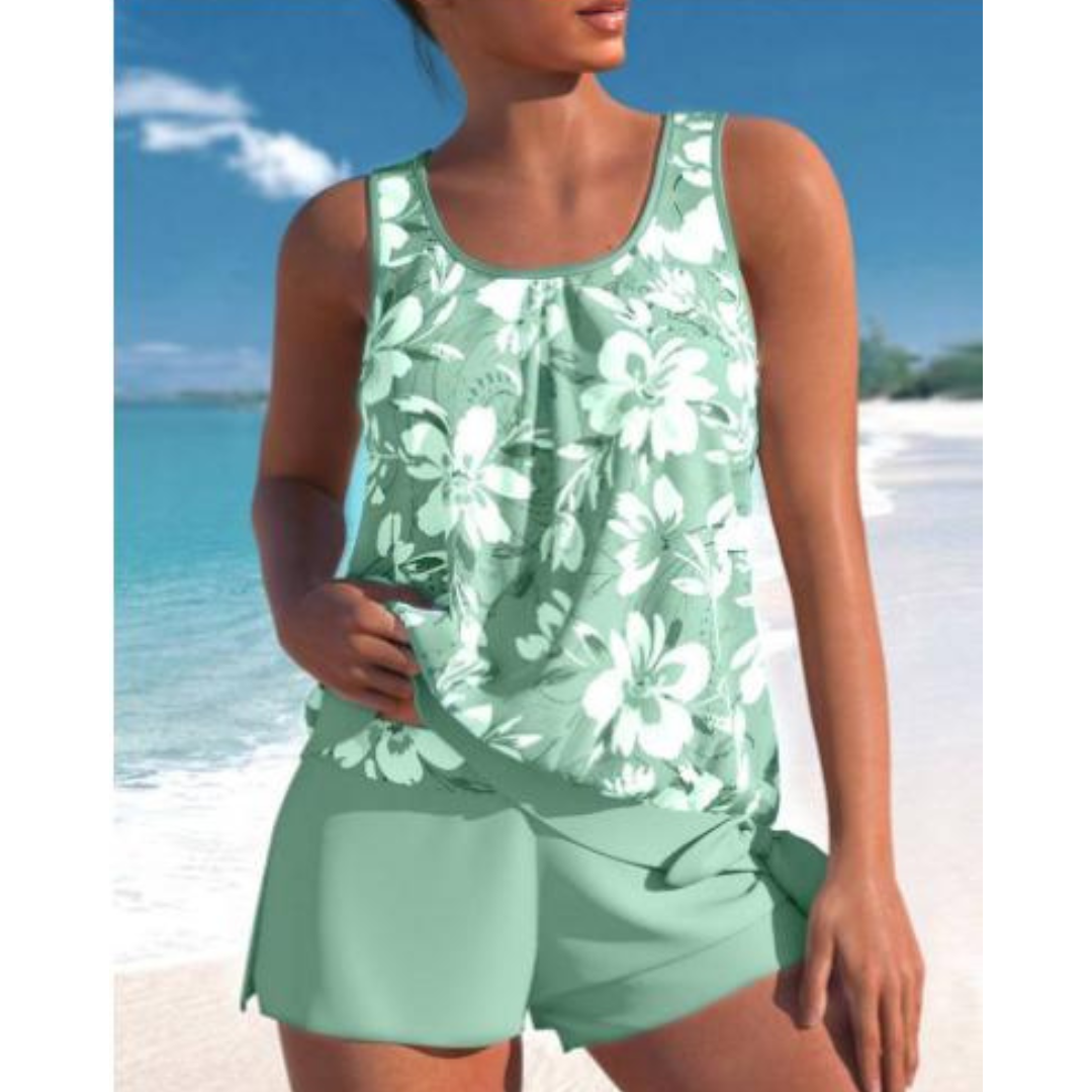 Bethany Women's Floral Tankini Set – Two Piece Swimwear with Shorts & Round Neck