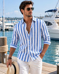 Oliver Cotton Linen Shirt – Blue & White Striped Long Sleeve Summer Shirt
