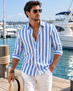 Oliver Cotton Linen Shirt – Blue & White Striped Long Sleeve Summer Shirt