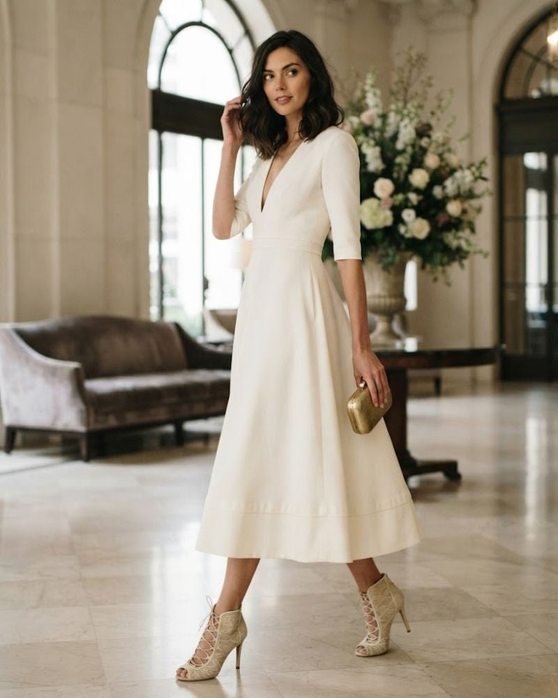 Rosalind Cotton Midi Dress – Fitted Round Neck Elegant Summer Dress