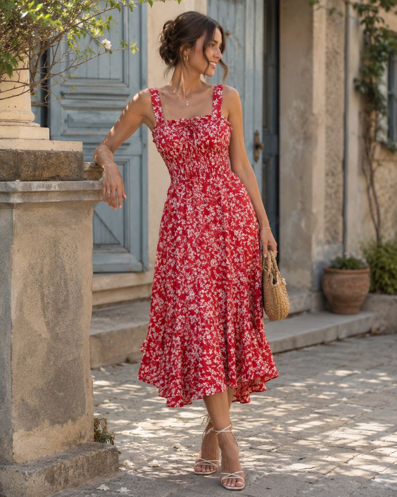 Bianca Women's Floral Chiffon Maxi Dress – Square Neck Smocked Summer Dress