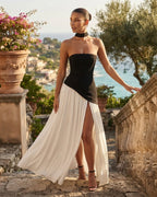 Celestine Women's Two-Tone Evening Dress – Strapless Bodice, High Split & Scarf